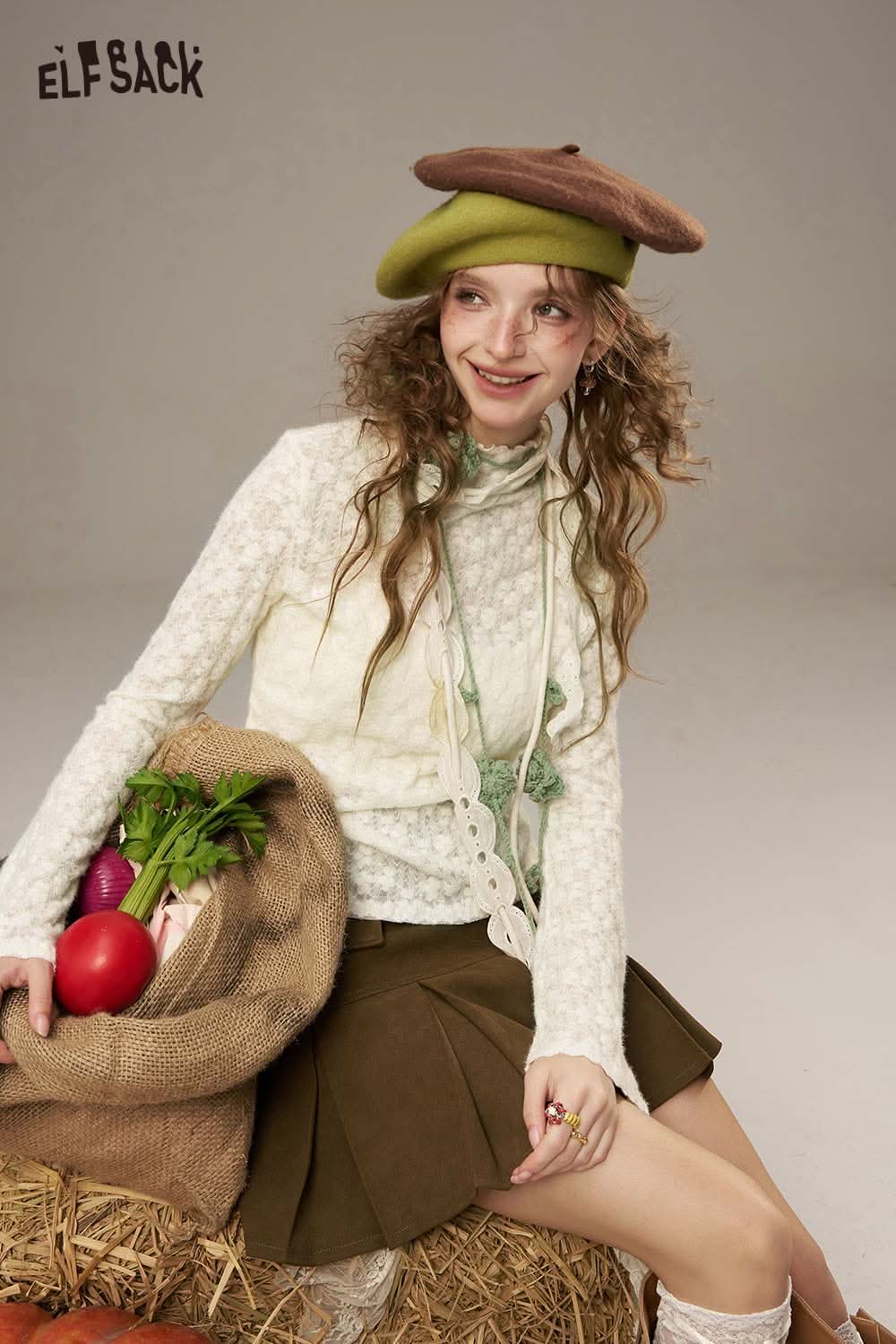 ELFSACK lace slim fit long sleeve shirt in cream, paired with a stylish beret and skirt