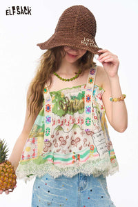 ELFSACK Lace Strap Patchwork Print Cami