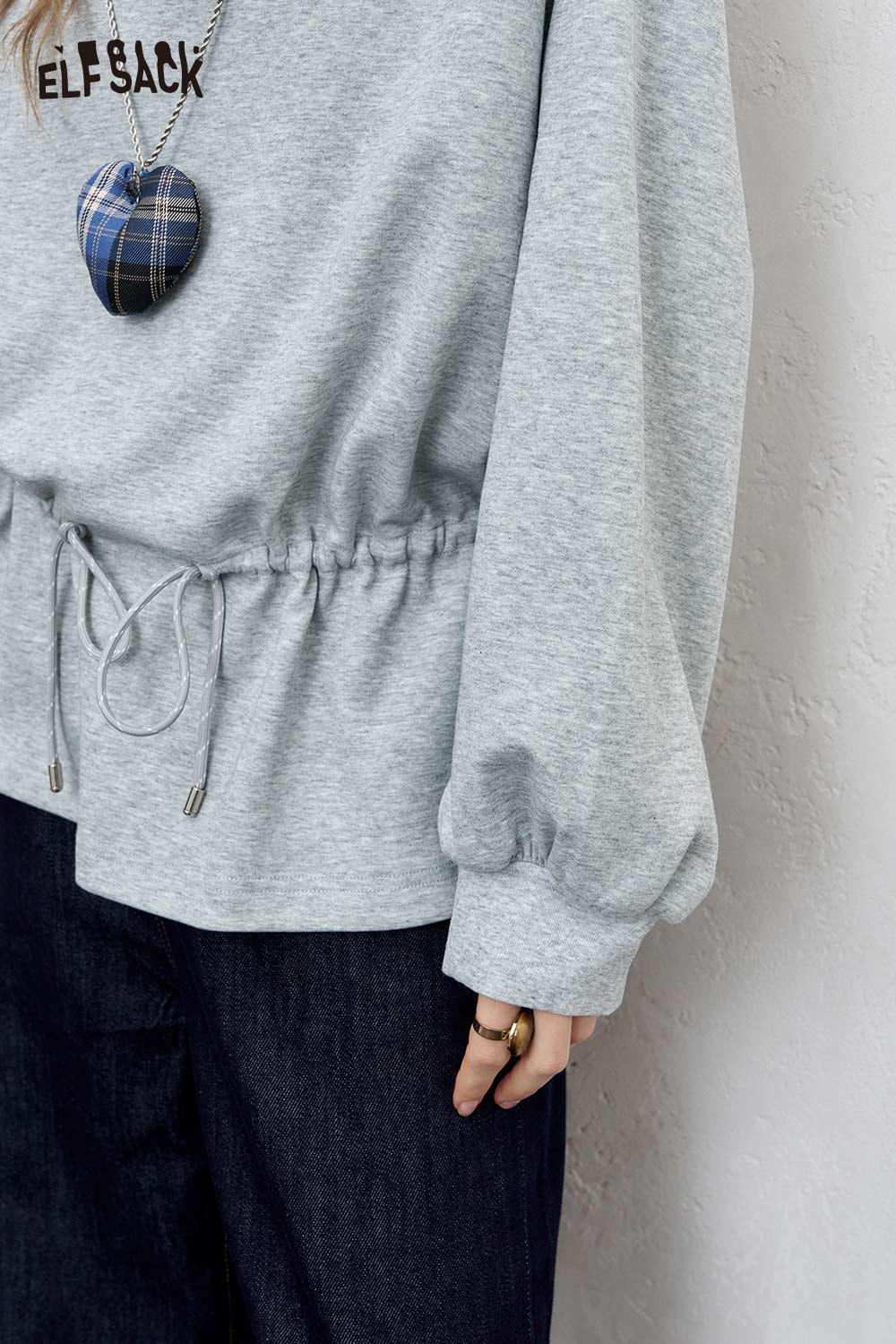 ELFSACK lace trim adjustable sweatshirt with cinched waist and balloon sleeves for a stylish look
