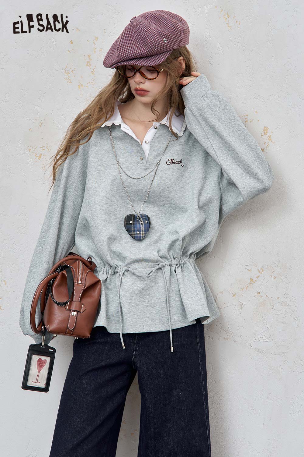 ELFSACK lace trim adjustable sweatshirt in light gray with a stylish drawstring waist and oversized fit