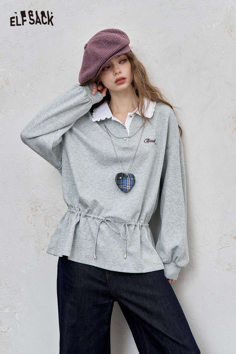 ELFSACK lace trim adjustable sweatshirt in gray with a relaxed fit and stylish collar detail
