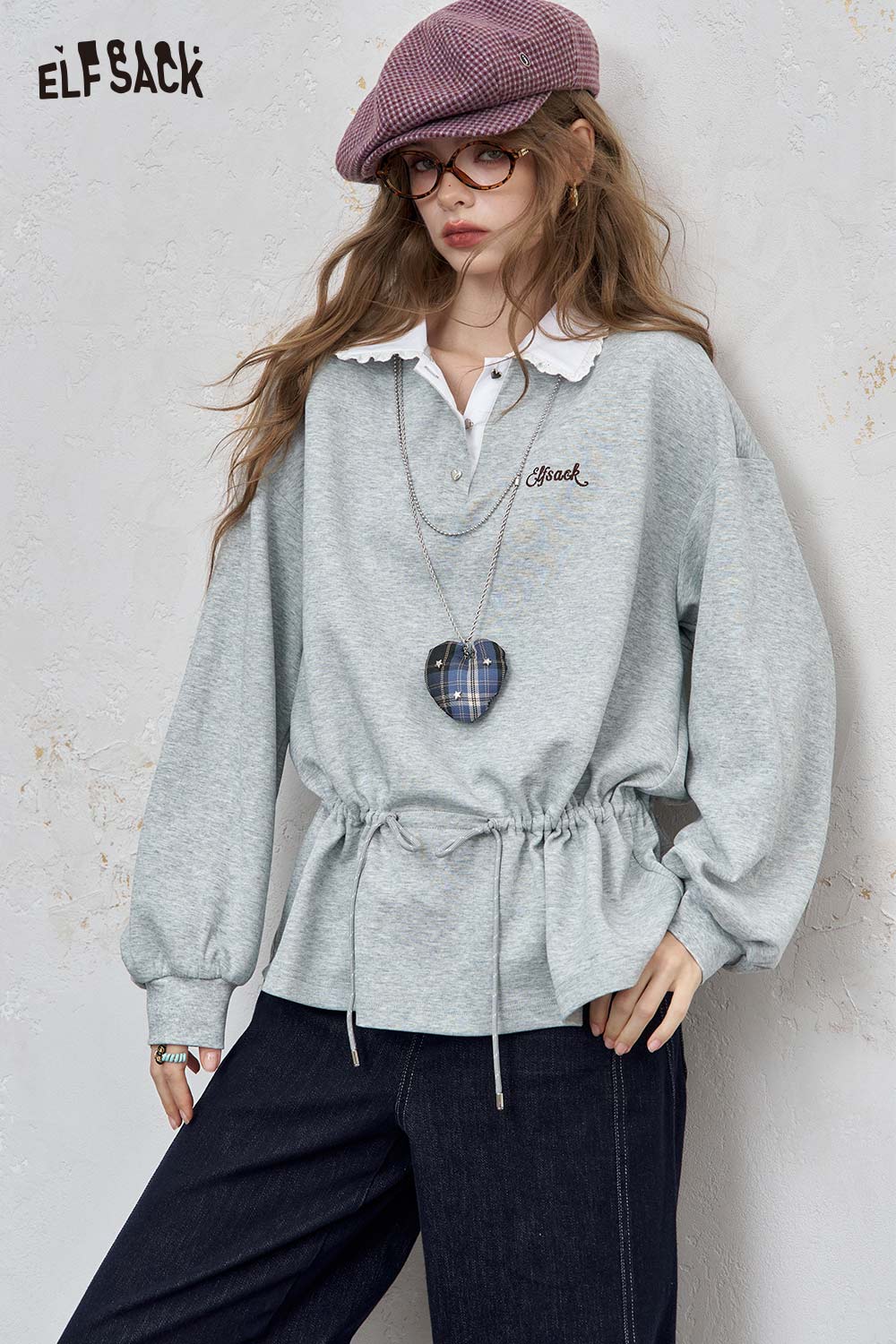 ELFSACK lace trim adjustable sweatshirt in gray with a stylish collar and drawstring waist for a trendy look