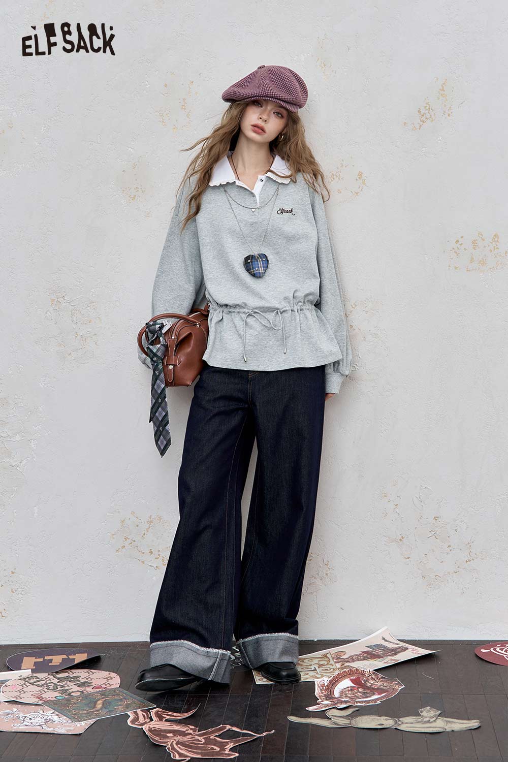 Stylish ELFSACK lace trim adjustable sweatshirt with a drawstring and casual chic design