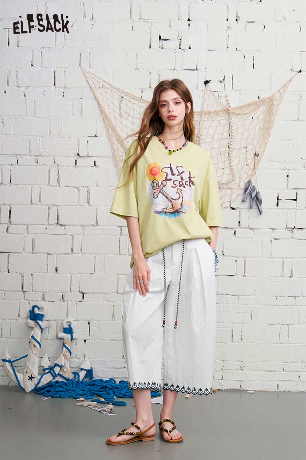 ELFSACK Lace Trim High-Waisted Barrel Cropped Pants