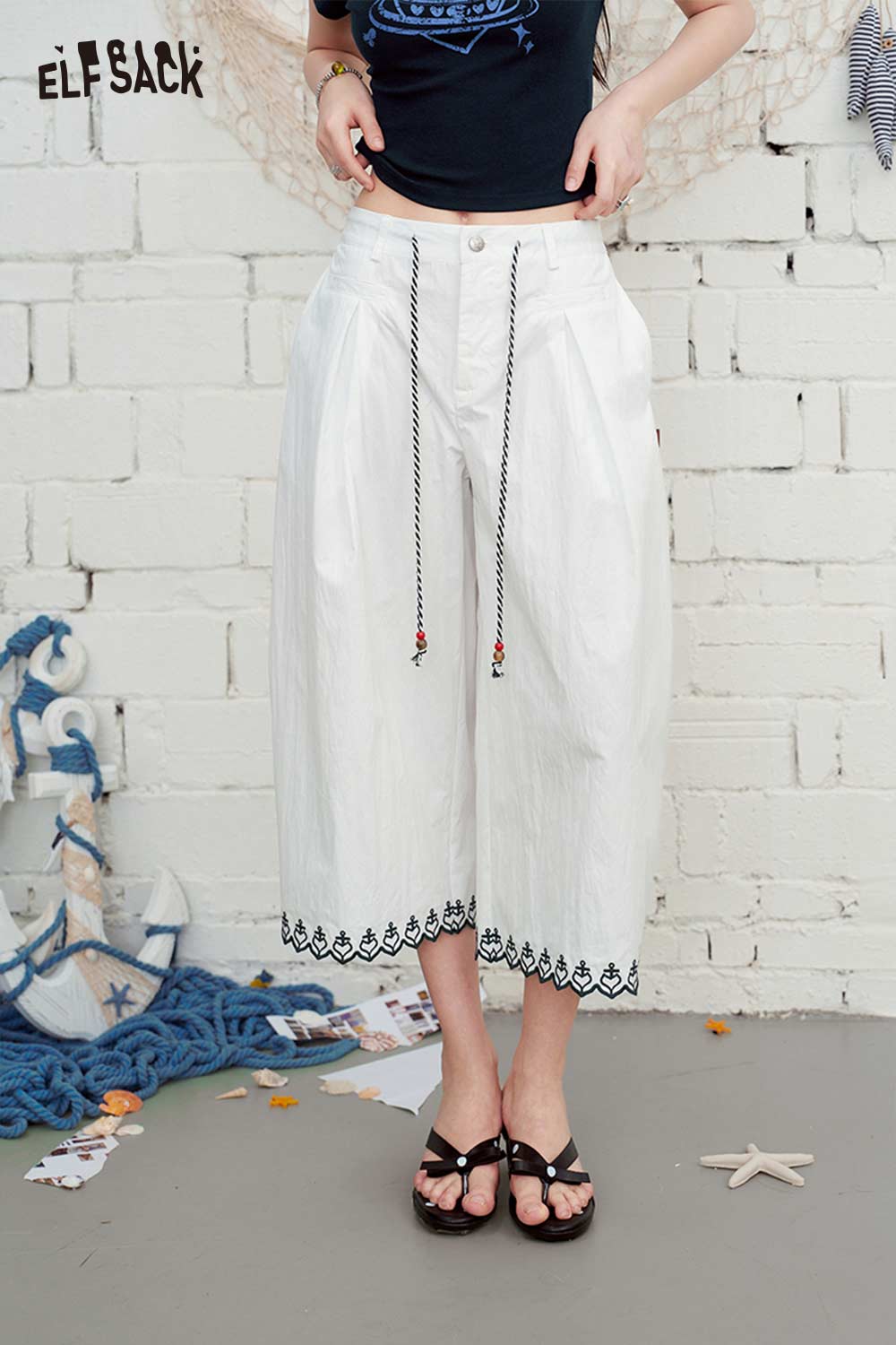 ELFSACK Lace Trim High-Waisted Barrel Cropped Pants