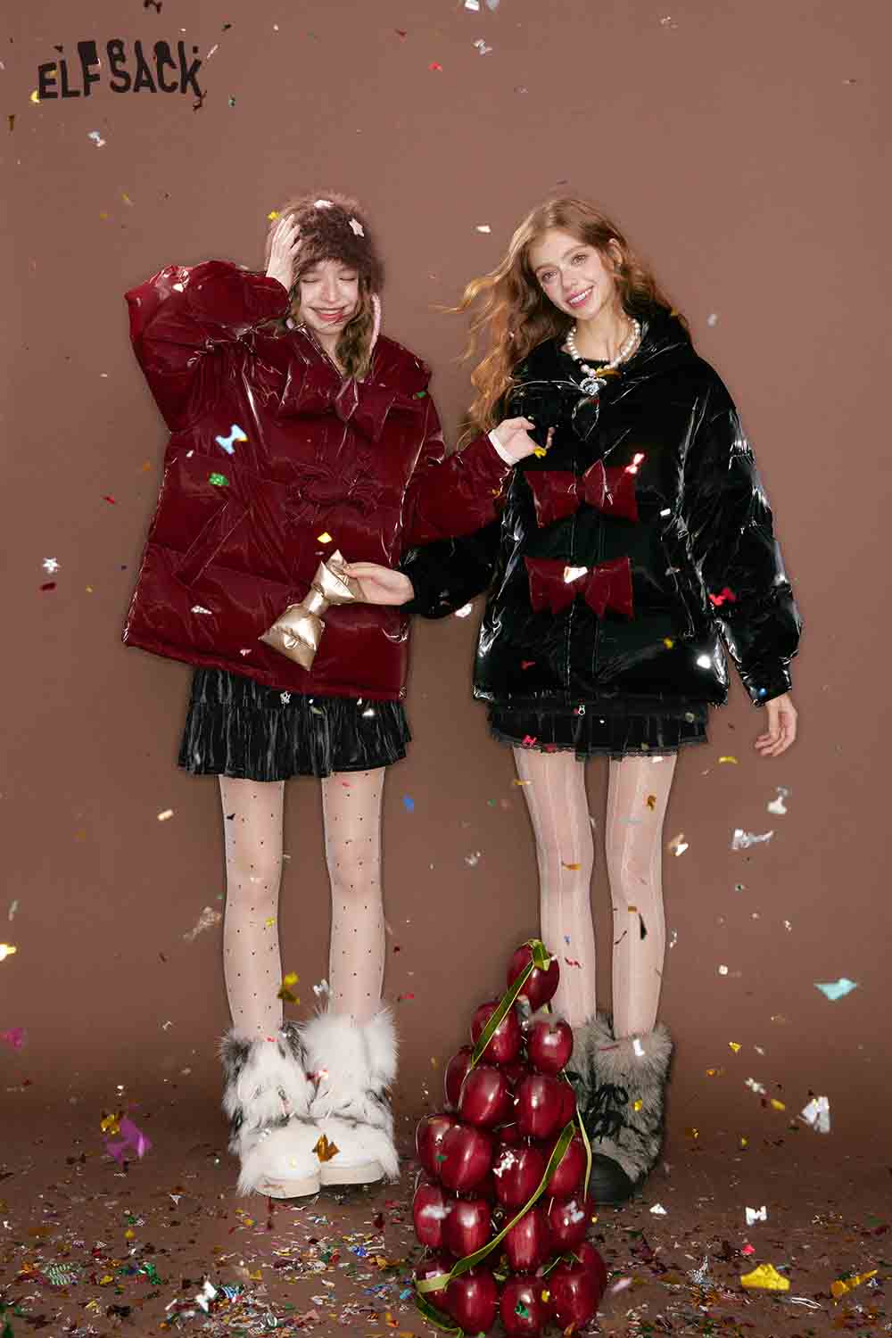 Two models wearing a lace trim suede mini skirt styled with oversized jackets and festive accessories