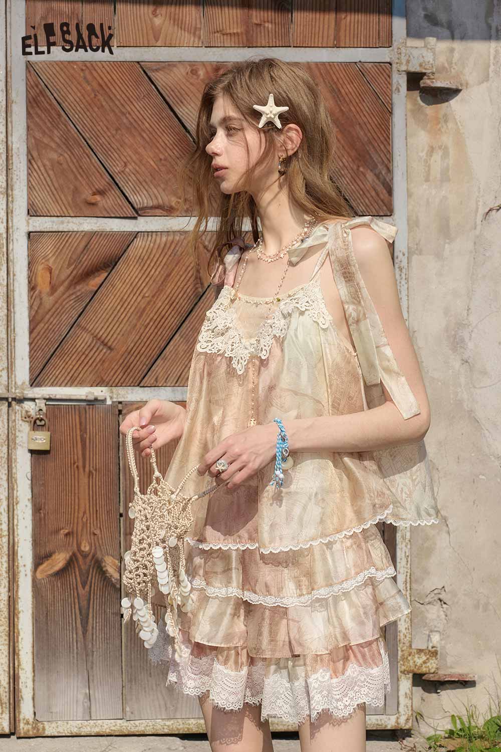 ELFSACK Lace Trim Tiered Vintage Floral Camisole Dress