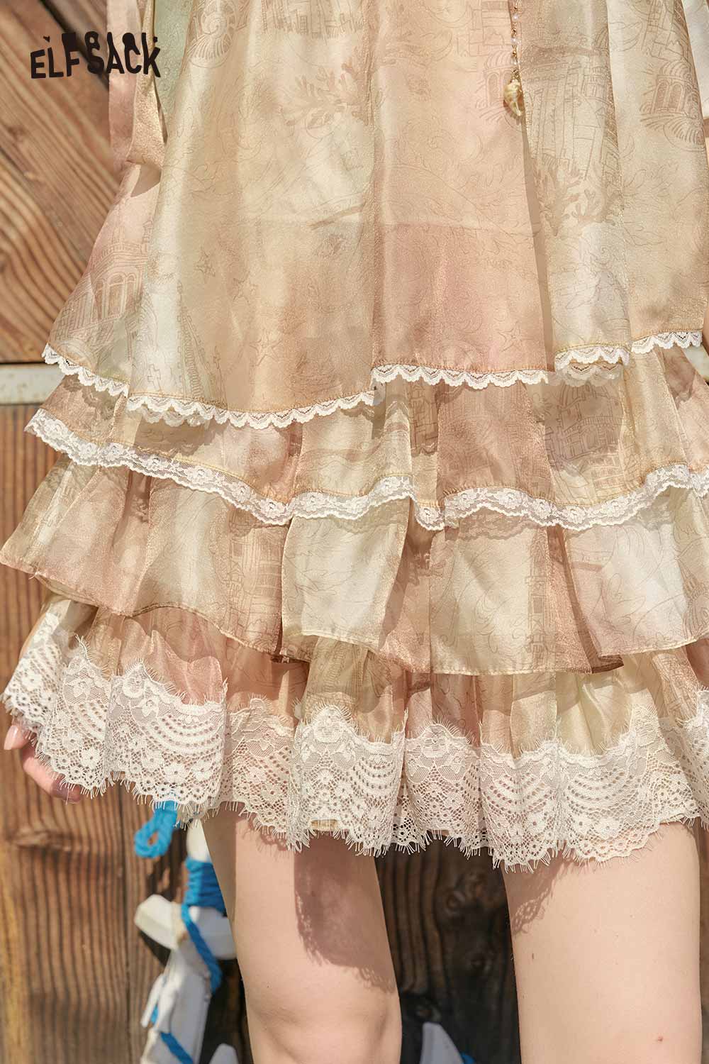 ELFSACK Lace Trim Tiered Vintage Floral Camisole Dress