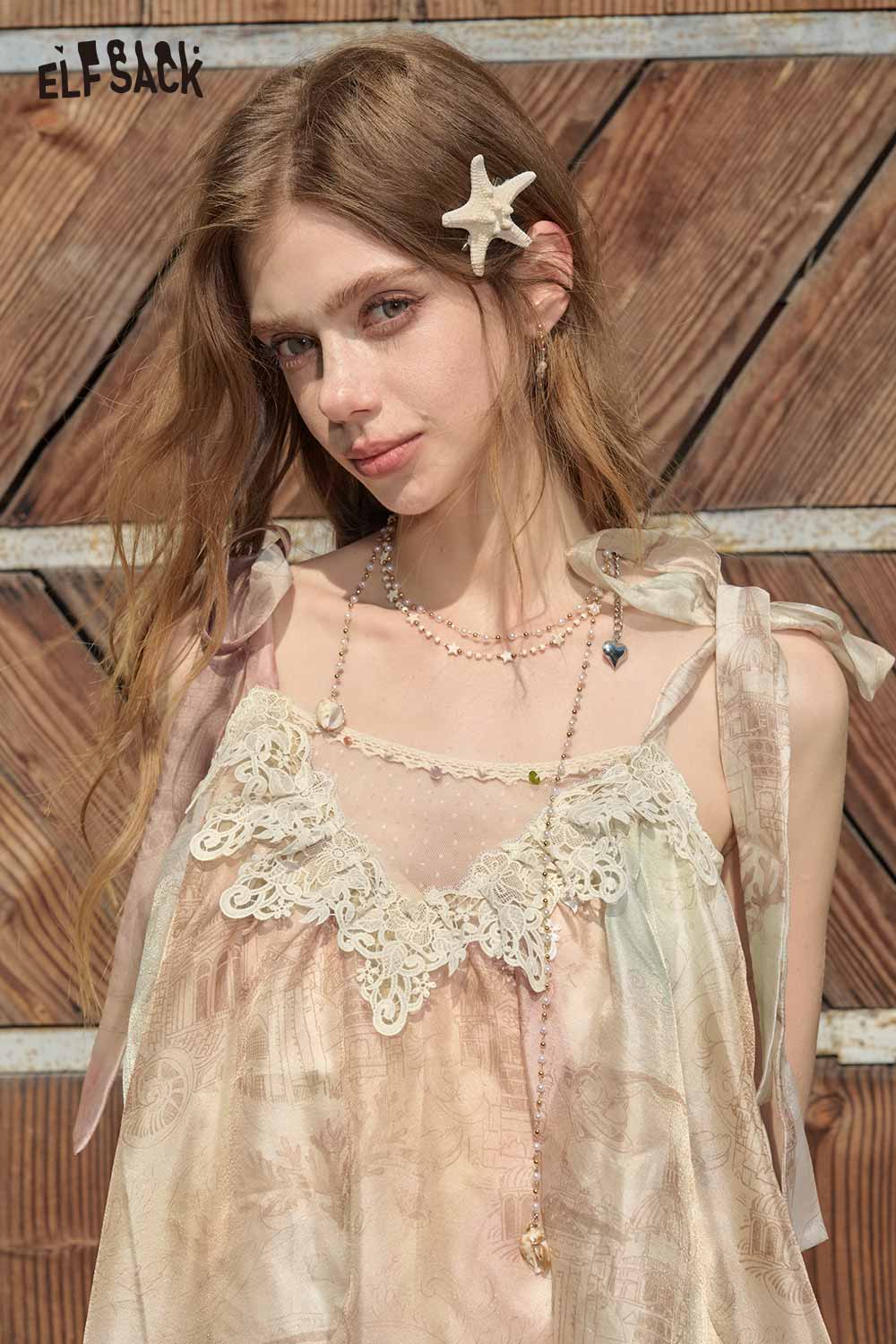 ELFSACK Lace Trim Tiered Vintage Floral Camisole Dress