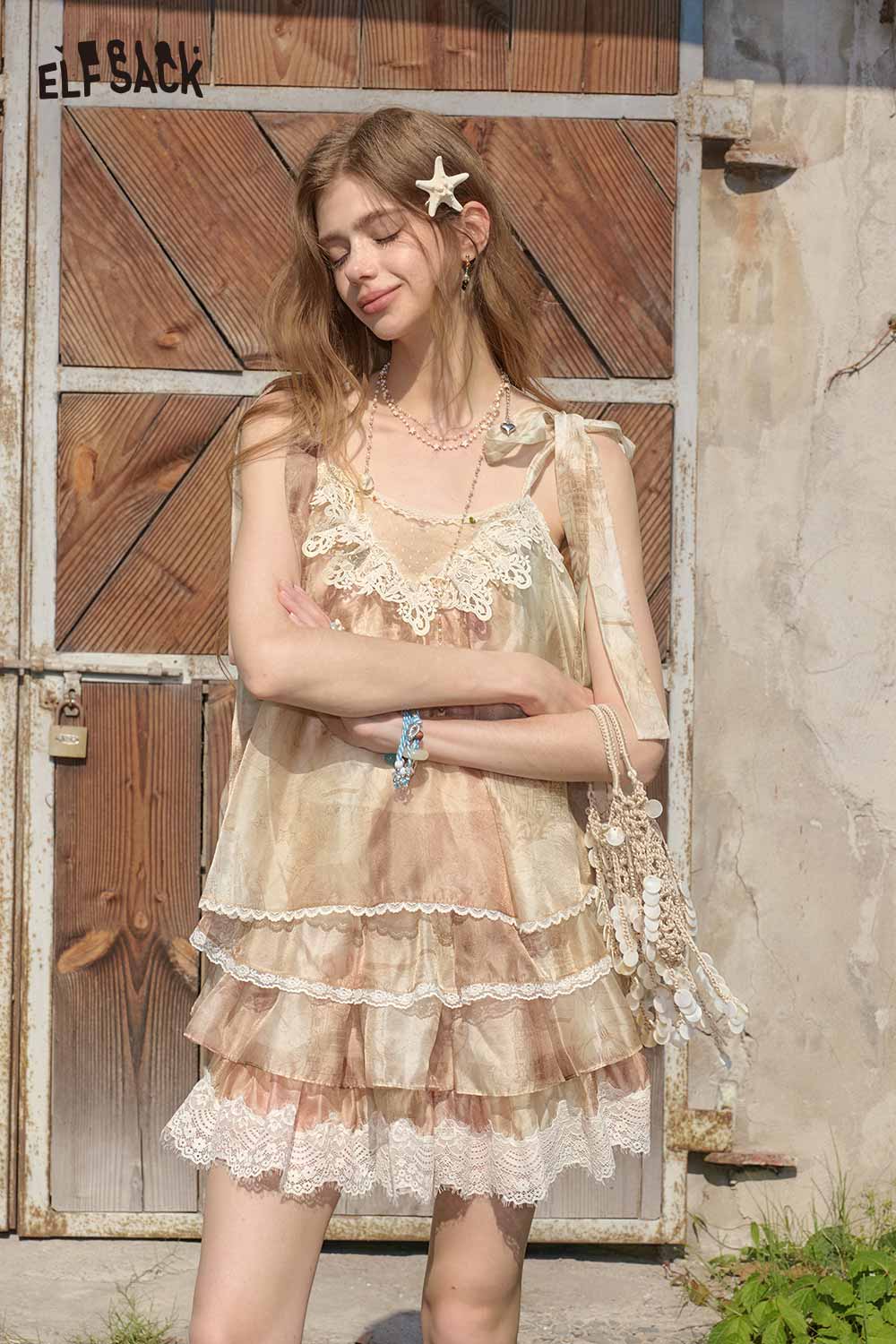 ELFSACK Lace Trim Tiered Vintage Floral Camisole Dress