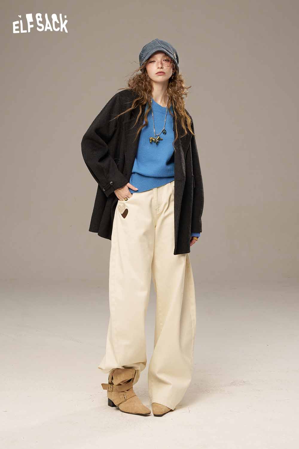 ELFSACK lantern sleeve fitted knitted sweater showcased with stylish wide-leg pants