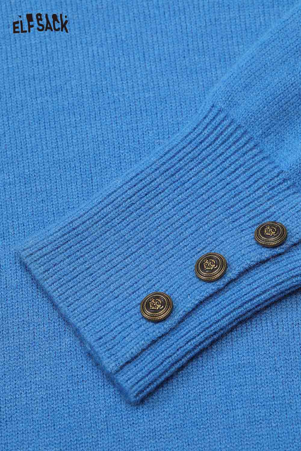 ELFSACK lantern sleeve fitted knitted sweater in vibrant blue with decorative button detailing