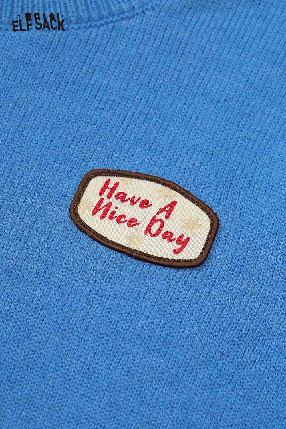 ELFSACK lantern sleeve fitted knitted sweater in blue with 'Have A Nice Day' patch detail
