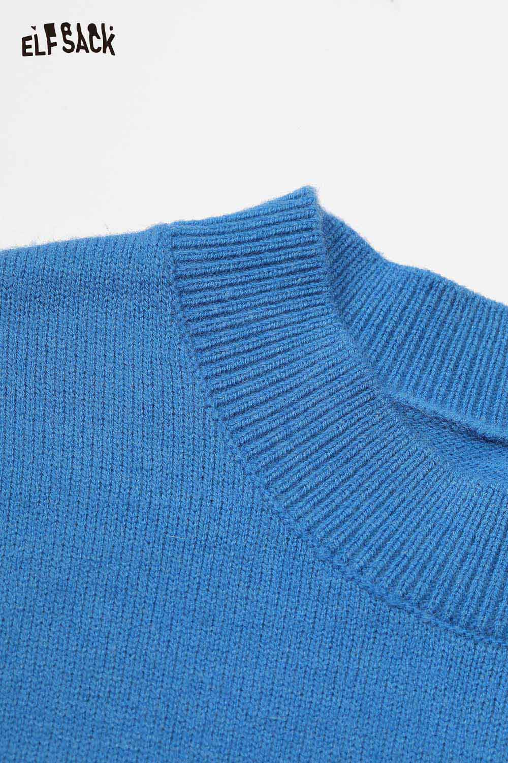 ELFSACK lantern sleeve fitted knitted sweater in vibrant blue with a cozy neckline and soft texture