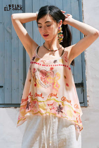 ELFSACK Layered Graphic Print Sheer Cami Top