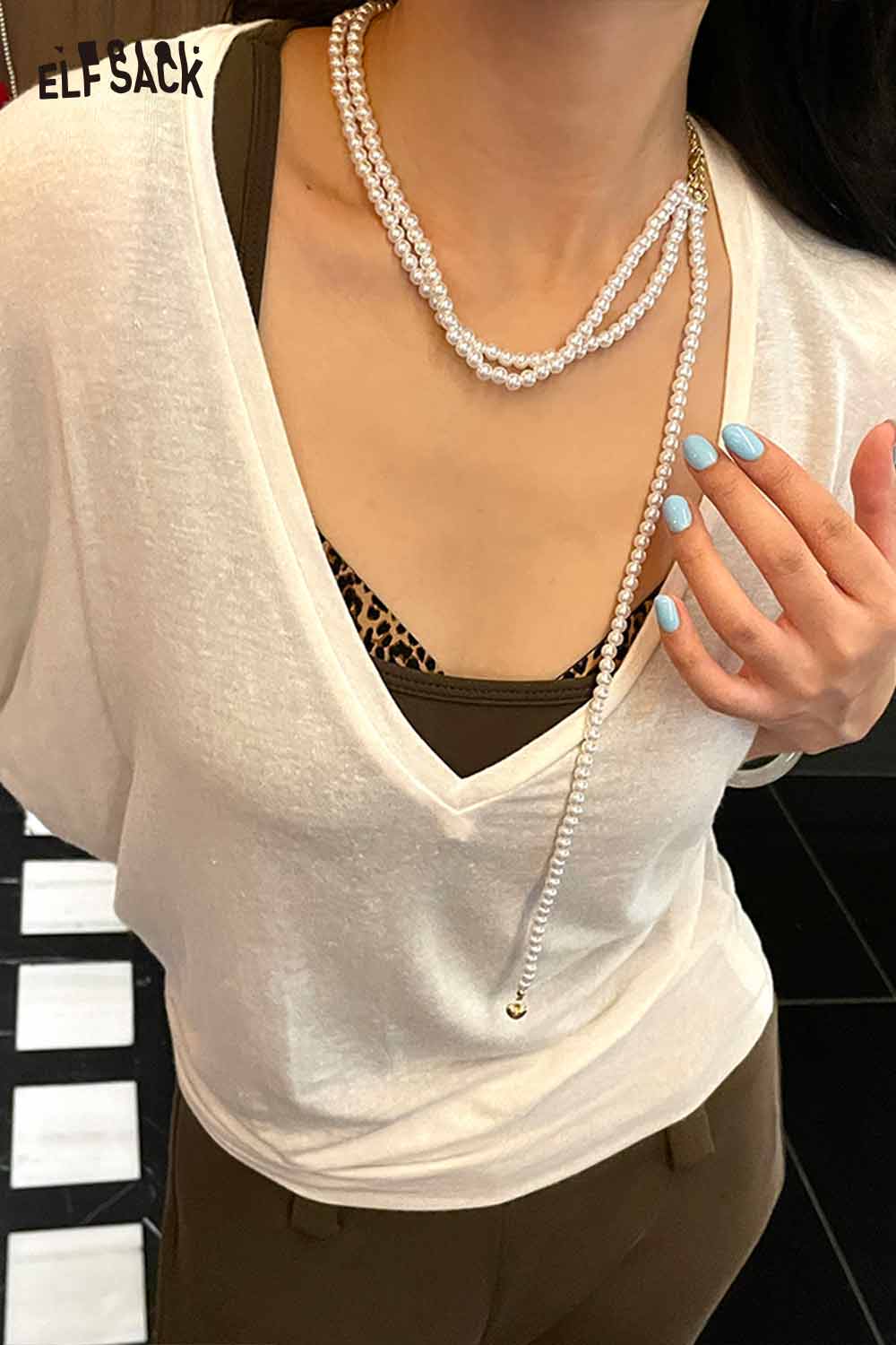ELFSACK layered pearl choker necklace styled with a casual outfit for a chic look