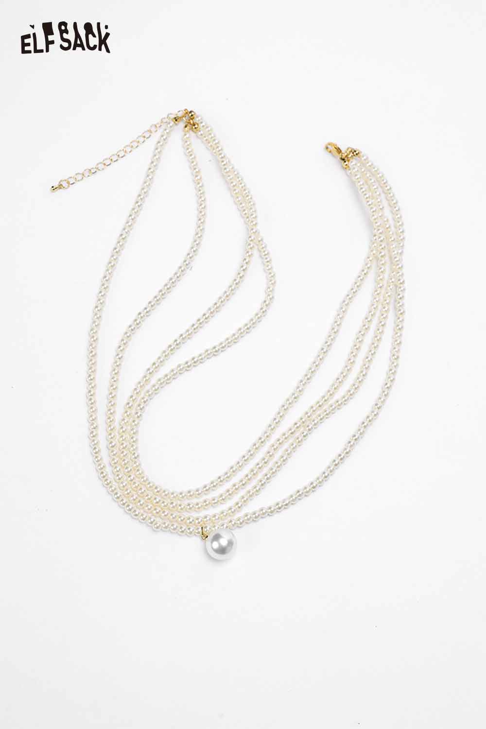 ELFSACK layered pearl choker necklace featuring multiple strands and a central pearl pendant