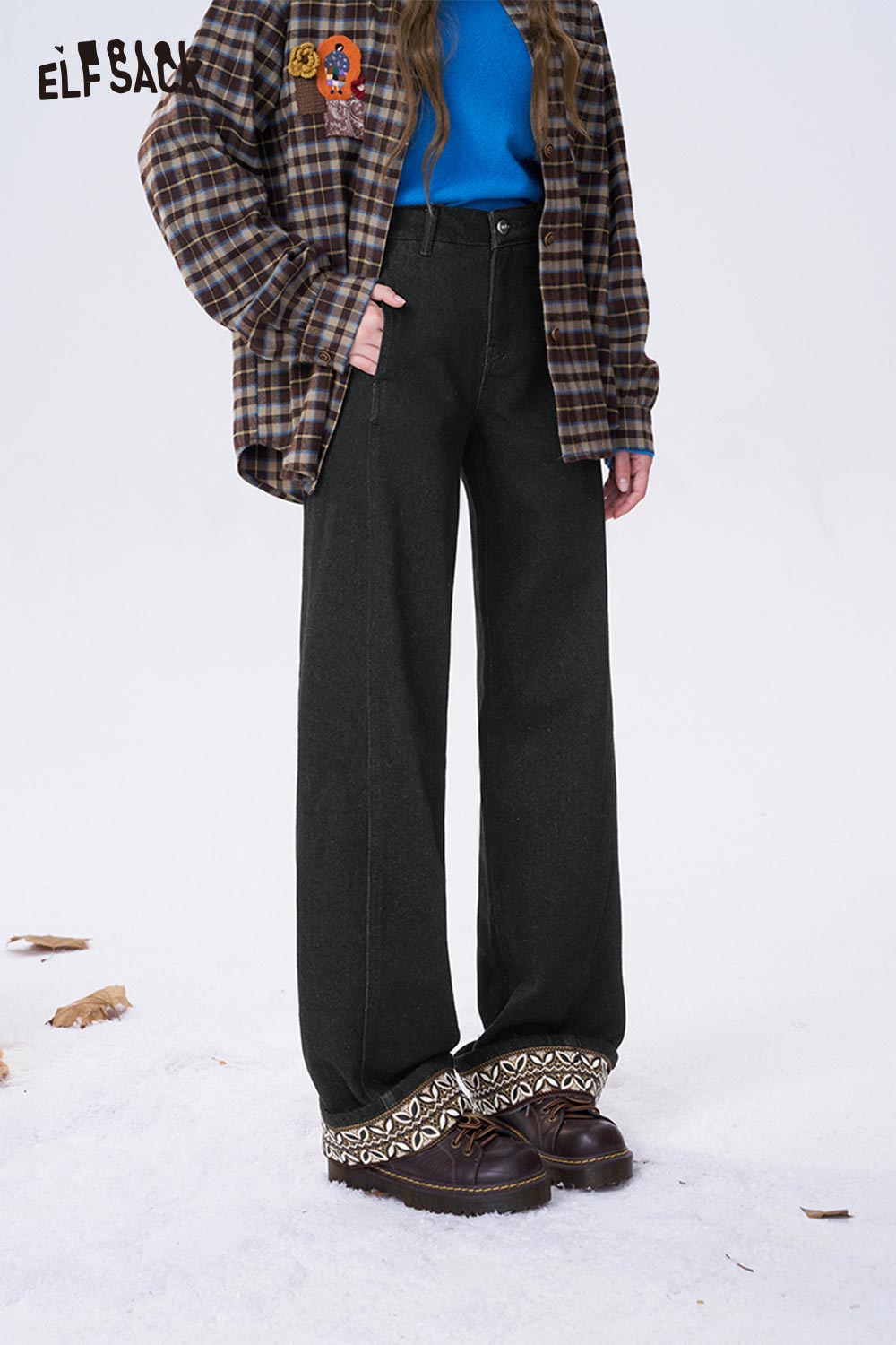 ELFSACK leaf print floor length jeans with wide leg design and unique embroidered hem detail