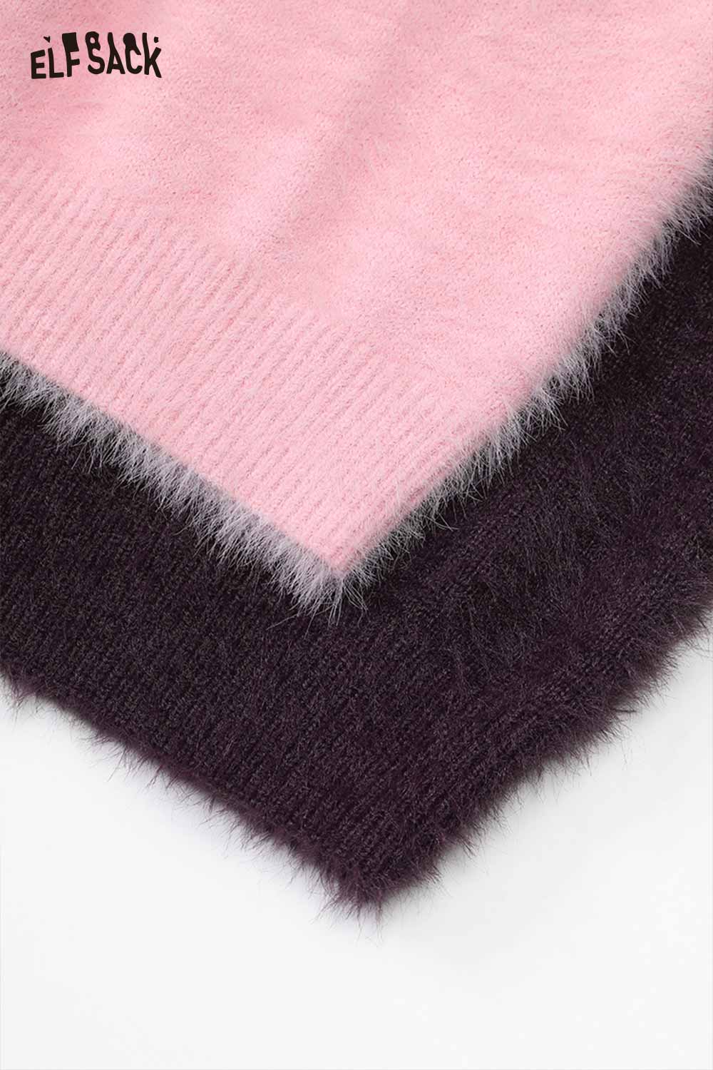 ELFSACK leopard bow graphic sweater featuring soft and fluffy textures in pink and gray colors