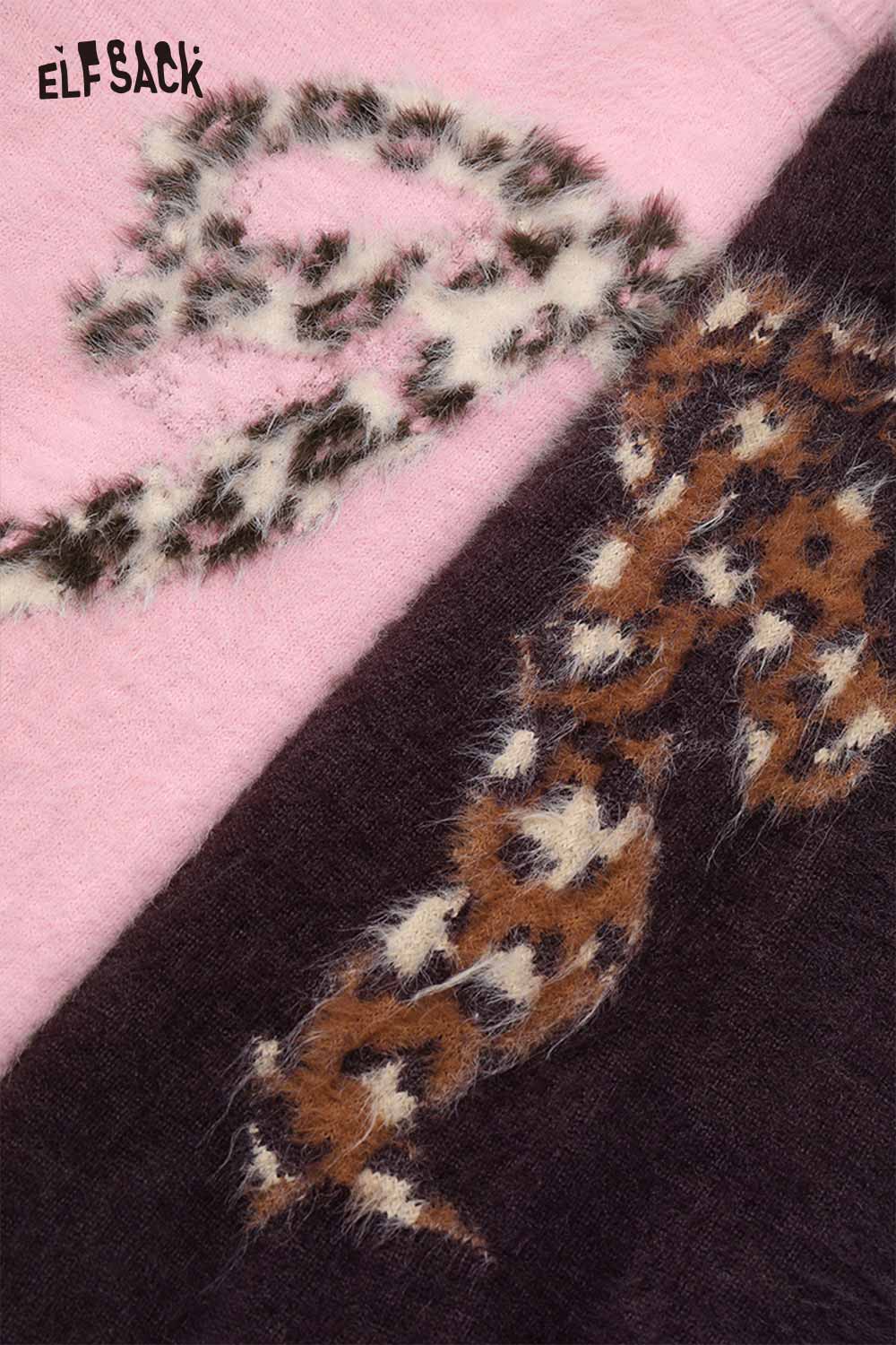 ELFSACK leopard bow graphic sweater featuring a playful leopard design on soft fabric