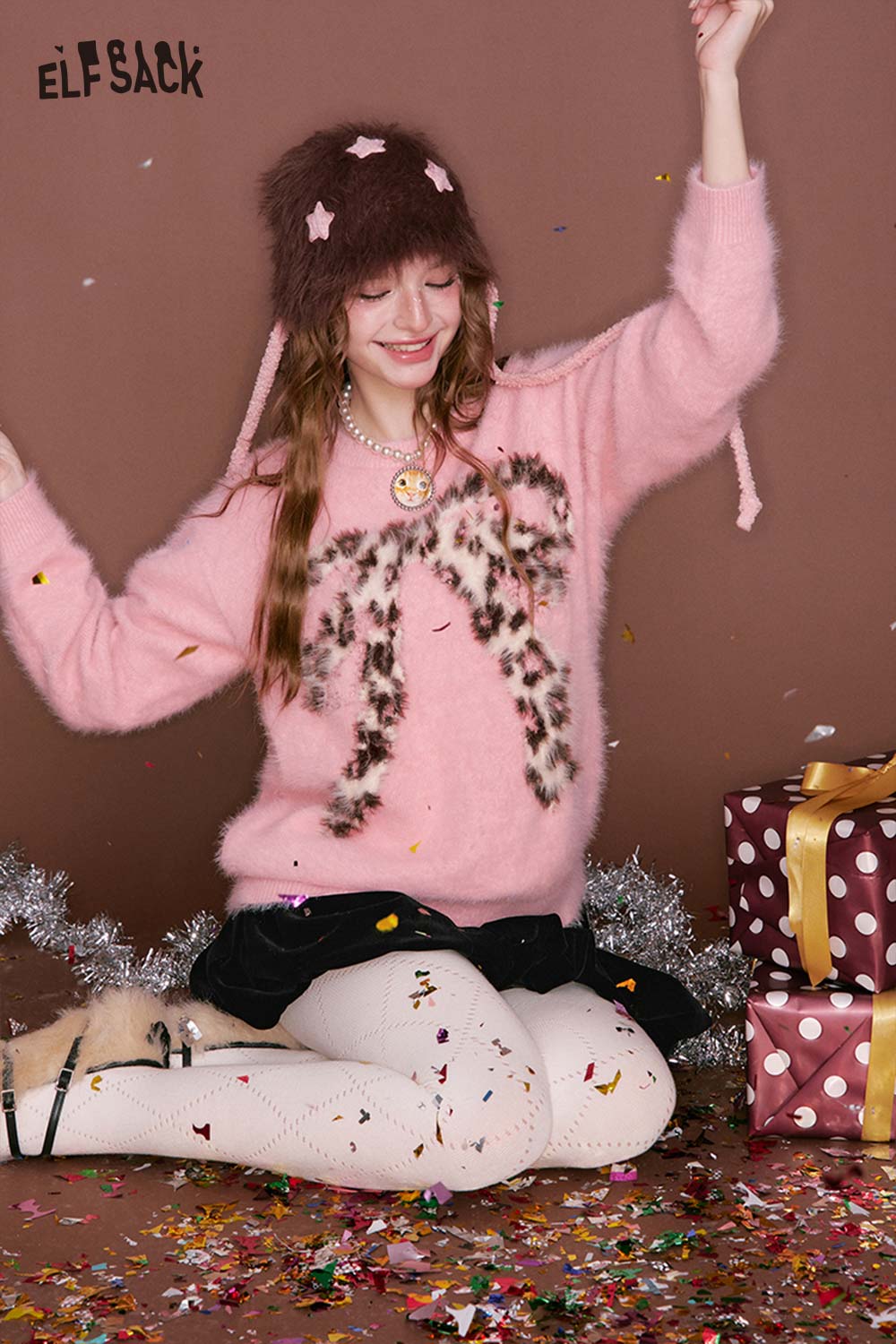 ELFSACK leopard bow graphic sweater in pink, featuring a fluffy design and festive vibe