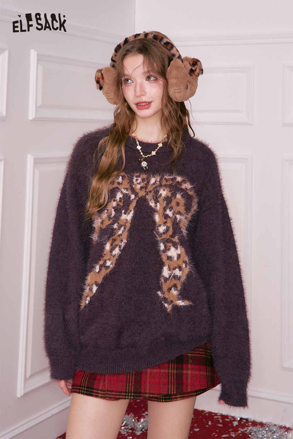 ELFSACK leopard bow graphic sweater in purple with fluffy texture and cute bow design