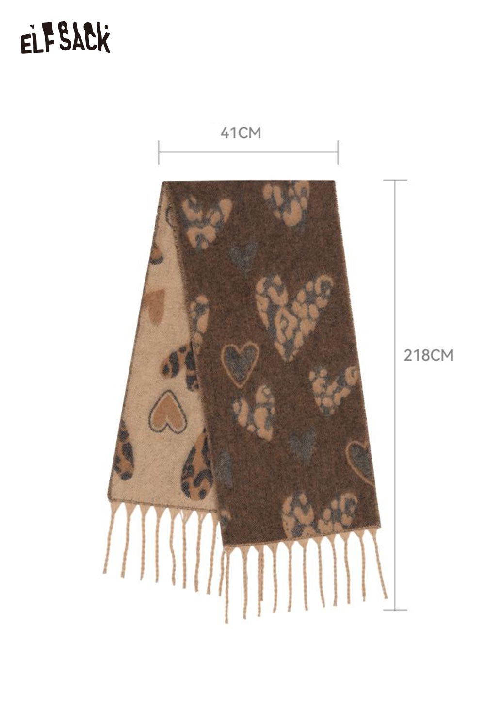 ELFSACK leopard heart fringe scarf featuring a soft, stylish design with a blend of animal print and heart patterns
