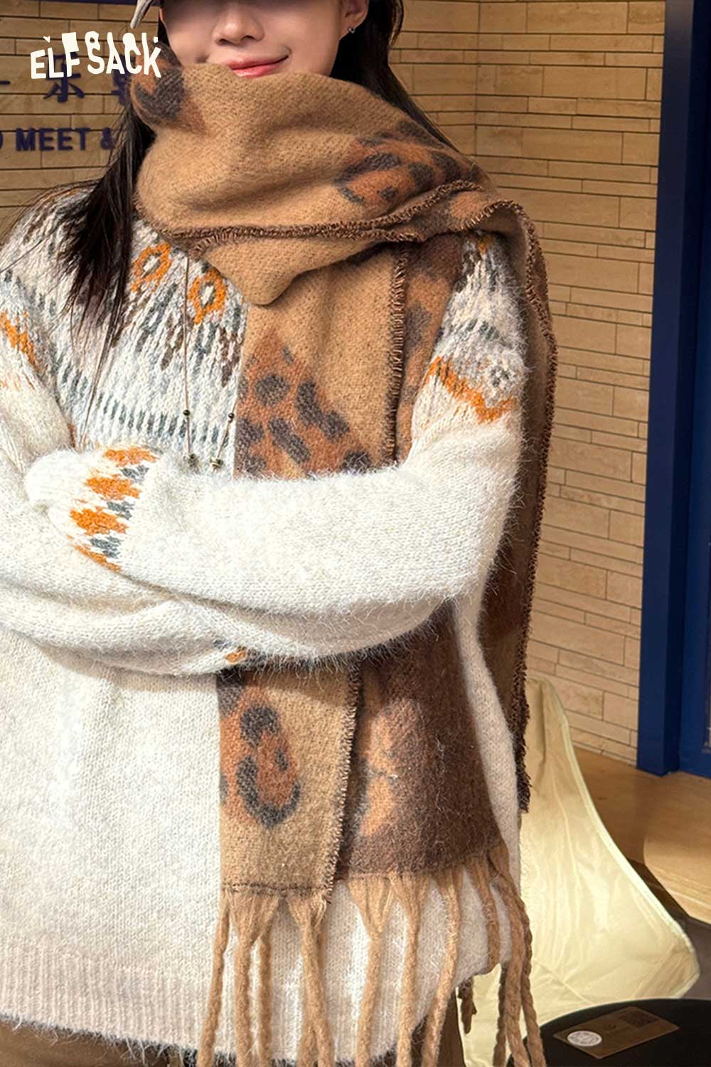 ELFSACK leopard heart fringe scarf in tan with leopard print for stylish layering