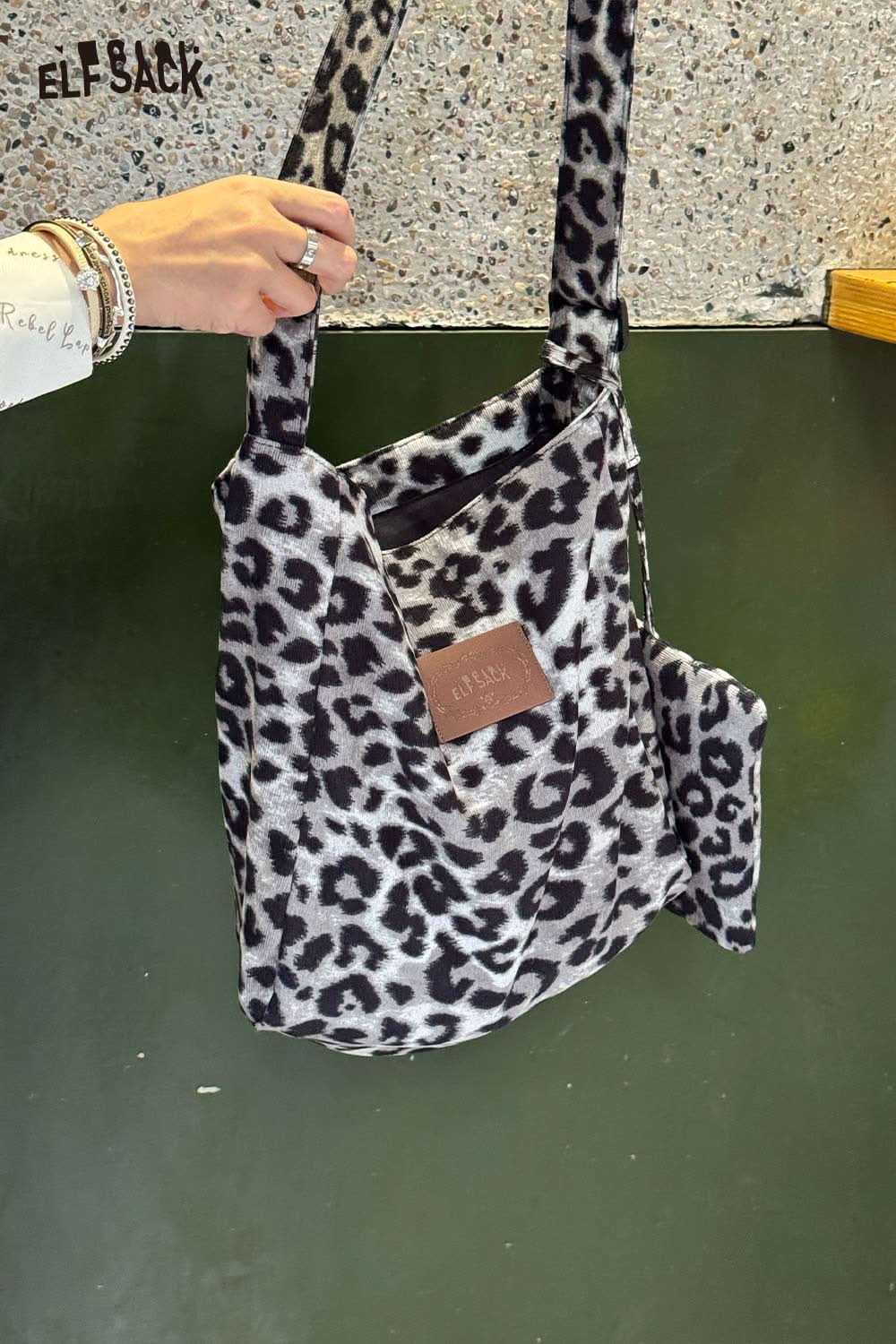 ELFSACK leopard print canvas tote bag with stylish design and spacious interior for daily use