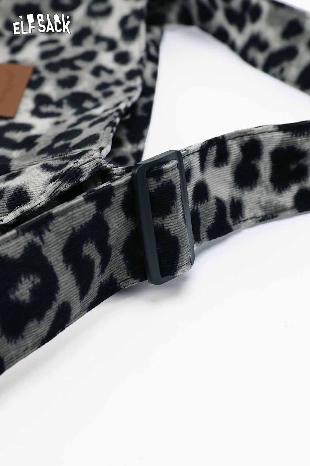 Close-up of ELFSACK leopard print canvas tote bag strap with adjustable buckle for convenience