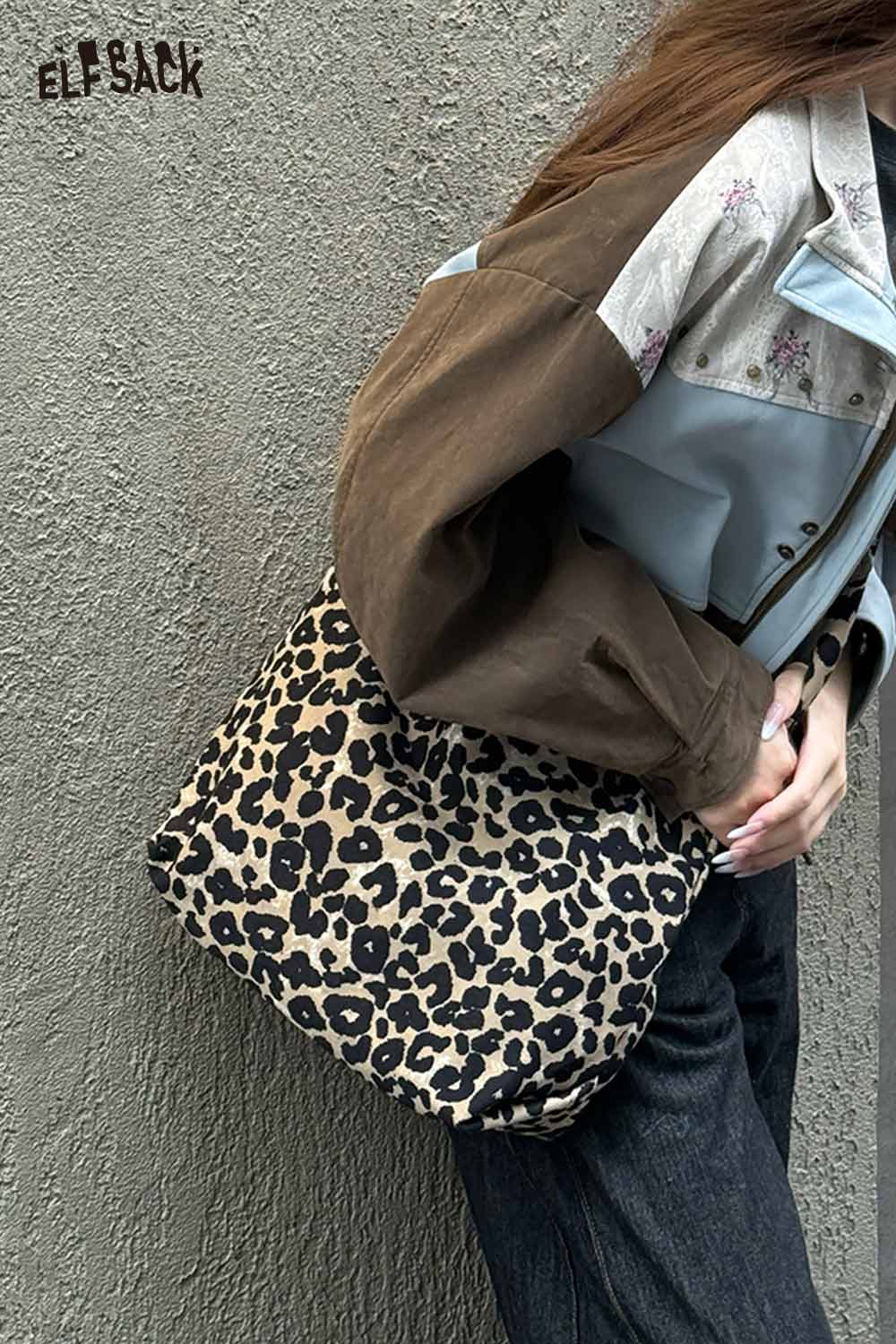 ELFSACK leopard print crossbody bag featuring a stylish design and adjustable strap for everyday use