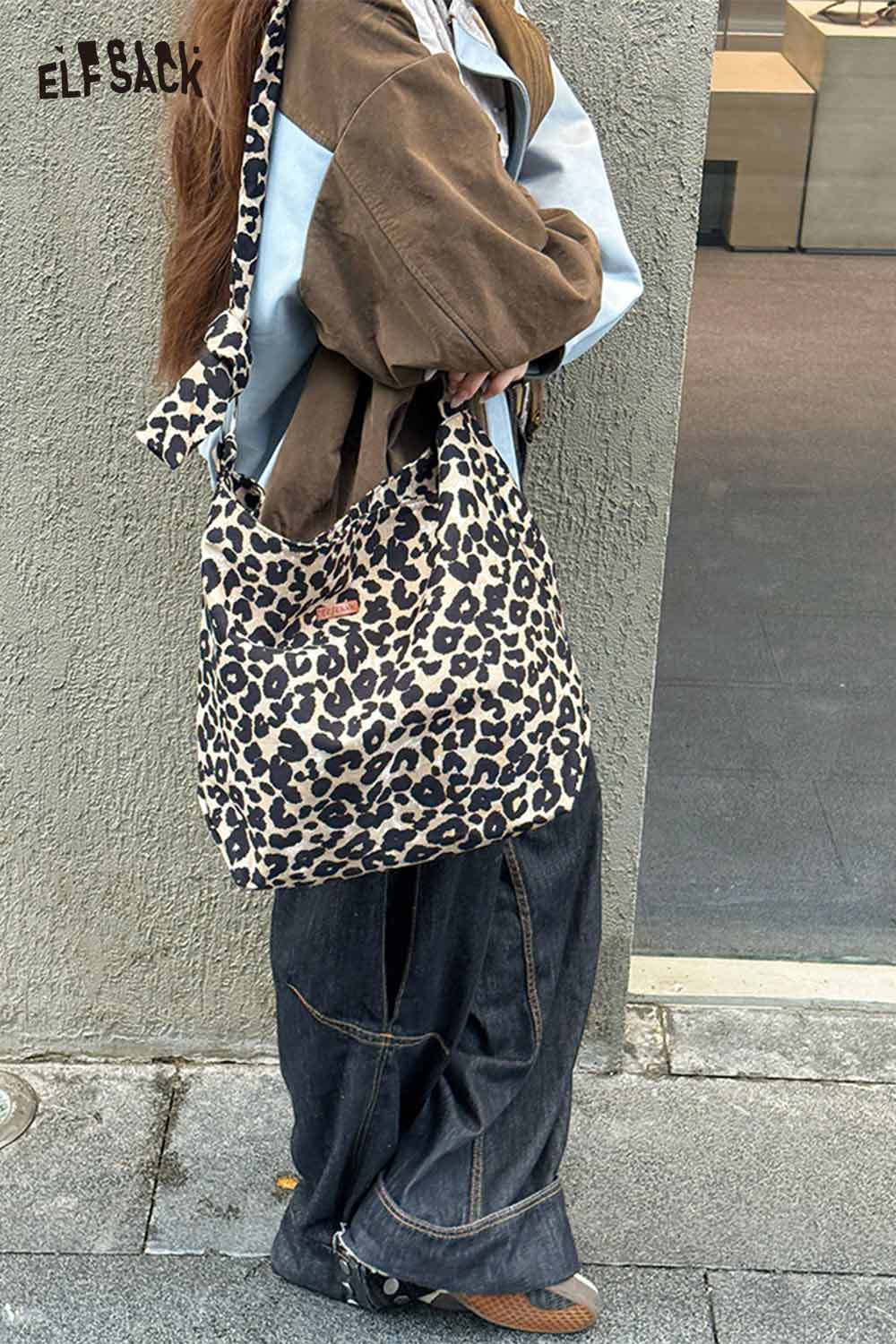 ELFSACK leopard print crossbody bag with spacious design for casual outings
