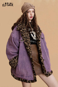 ELFSACK leopard print denim coat for women with a stylish purple design and cozy fur collar