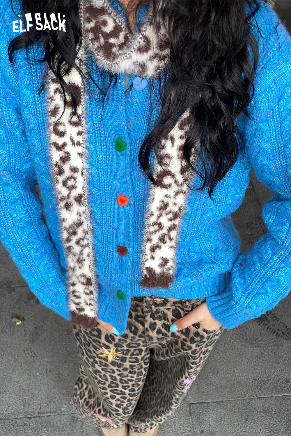 ELFSACK leopard print fuzzy scarf styled with a blue cardigan and leopard print pajama pants