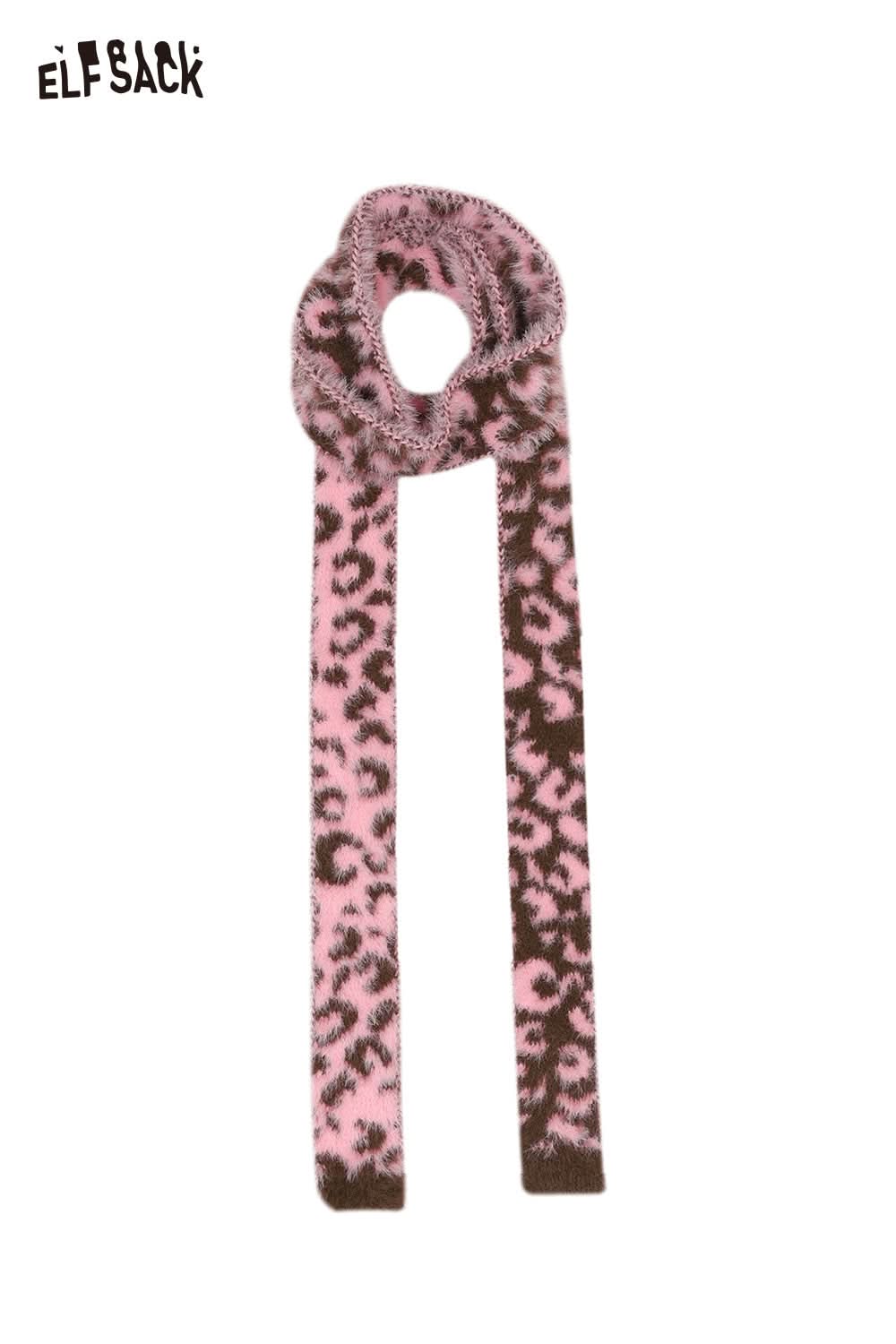 ELFSACK leopard print fuzzy scarf in pink and brown for stylish cold weather outfits