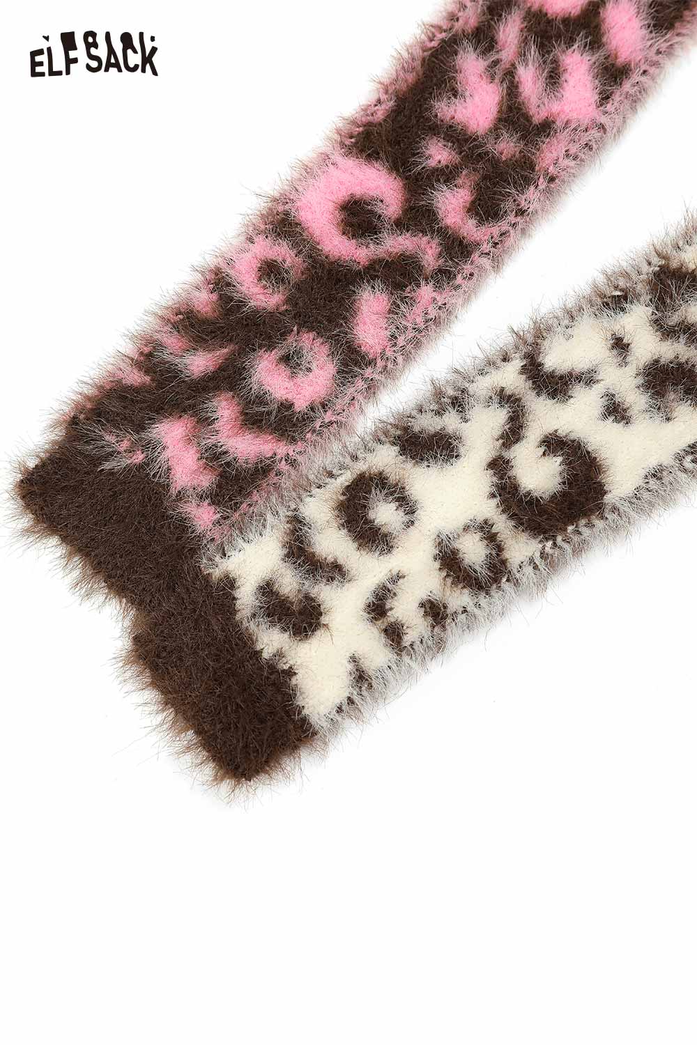 ELFSACK leopard print fuzzy scarf in pink and brown for cozy winter style