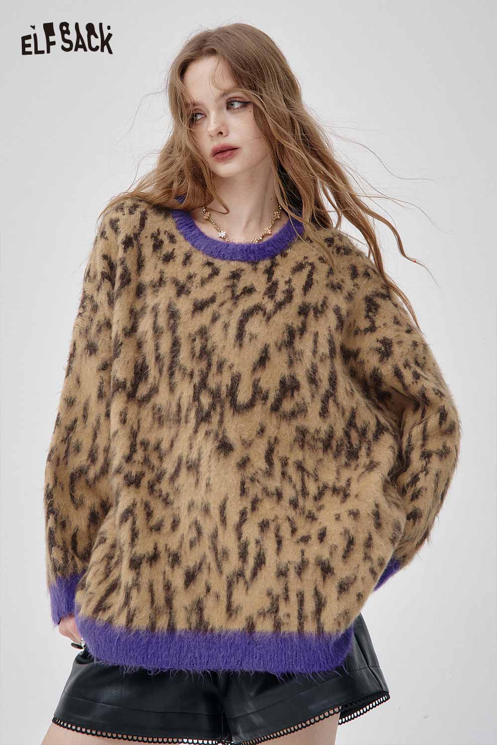 ELFSACK leopard print oversized sweater in brown with purple trim for a stylish and cozy look