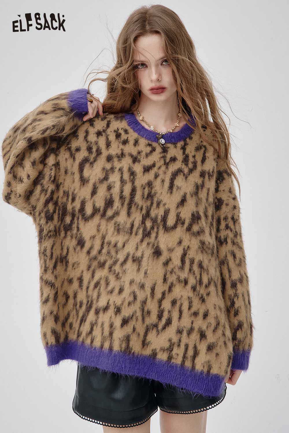 ELFSACK leopard print oversized sweater in brown and purple, featuring a cozy design and relaxed fit