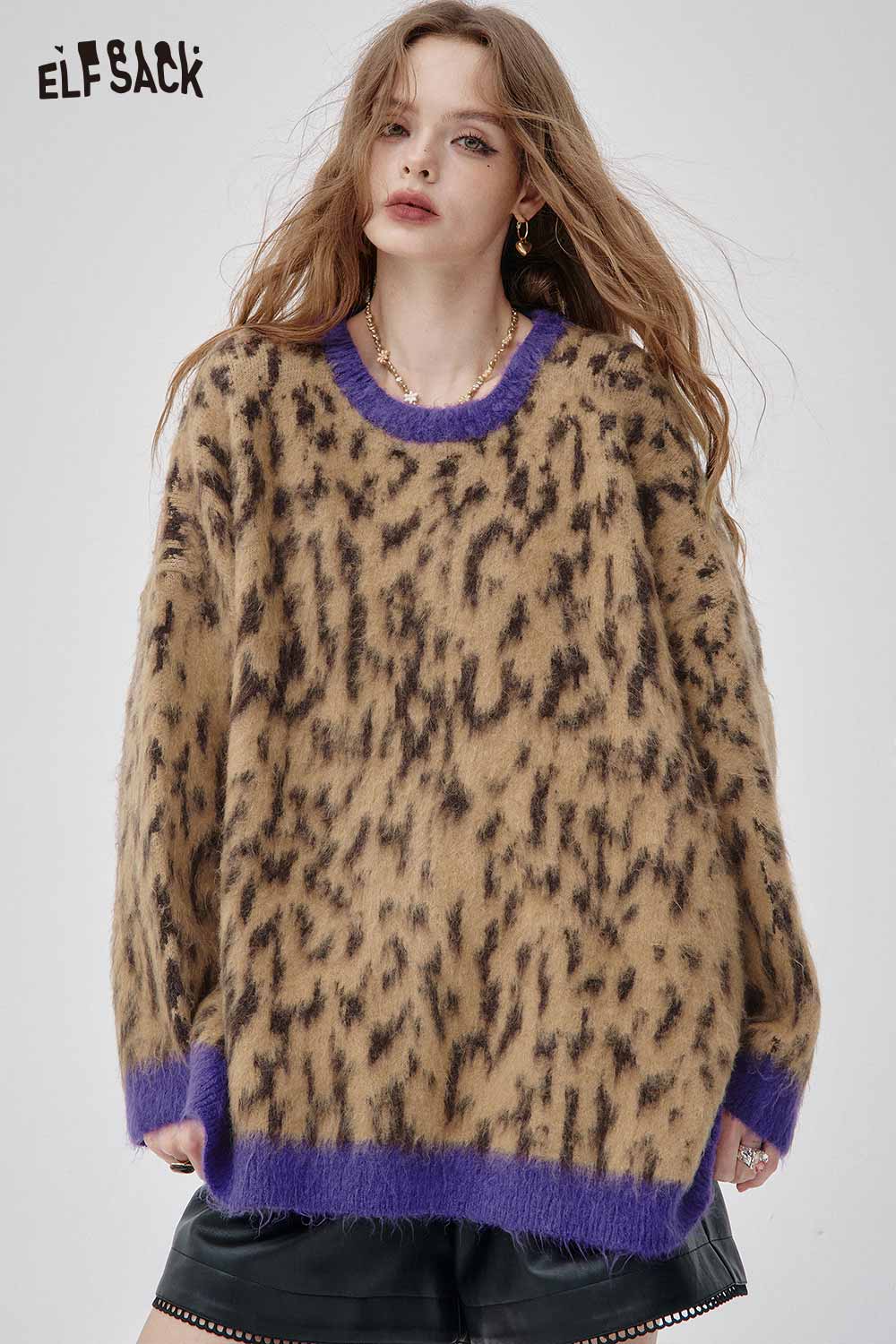 ELFSACK leopard print oversized sweater in brown and purple for a stylish, cozy look