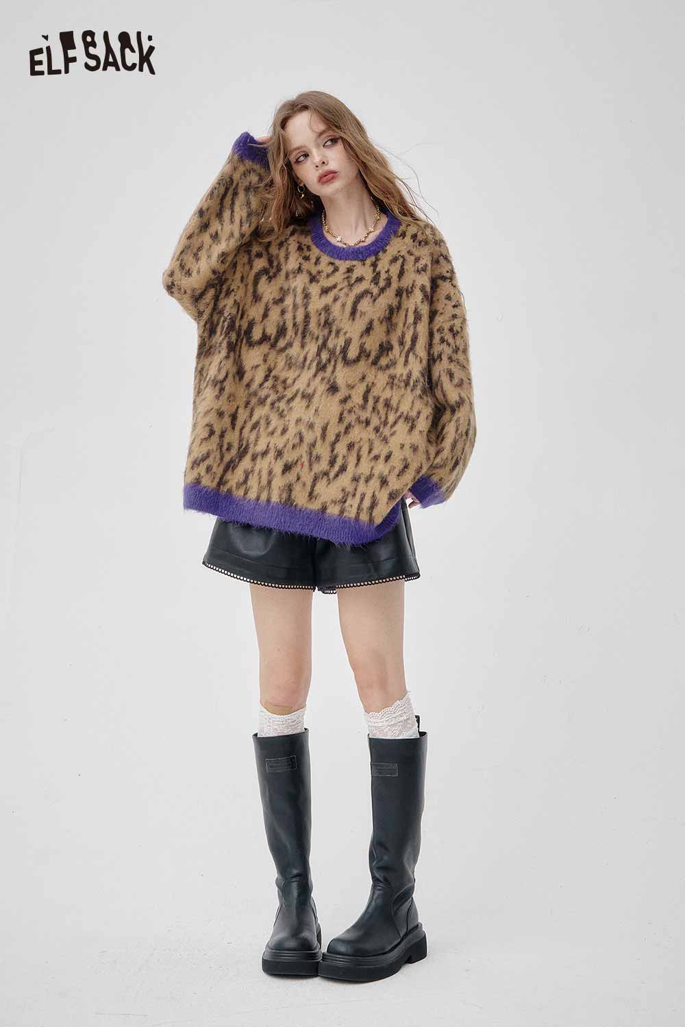 ELFSACK leopard print oversized sweater in beige and brown with purple accents for a trendy look