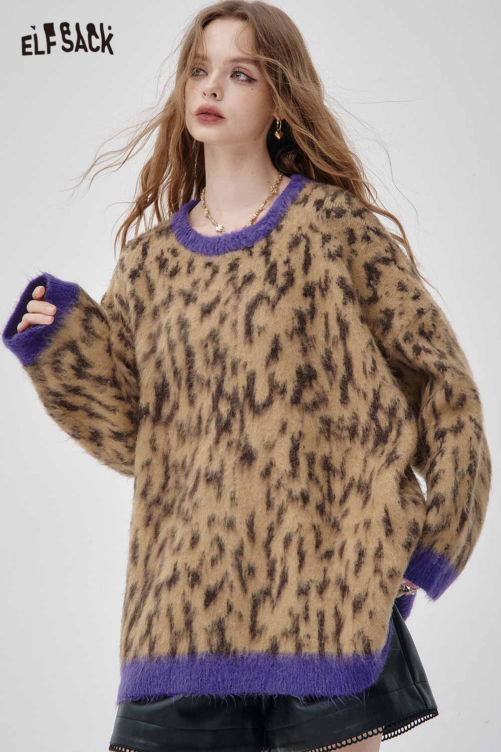ELFSACK leopard print oversized sweater with purple trim and cozy design for stylish winter wear