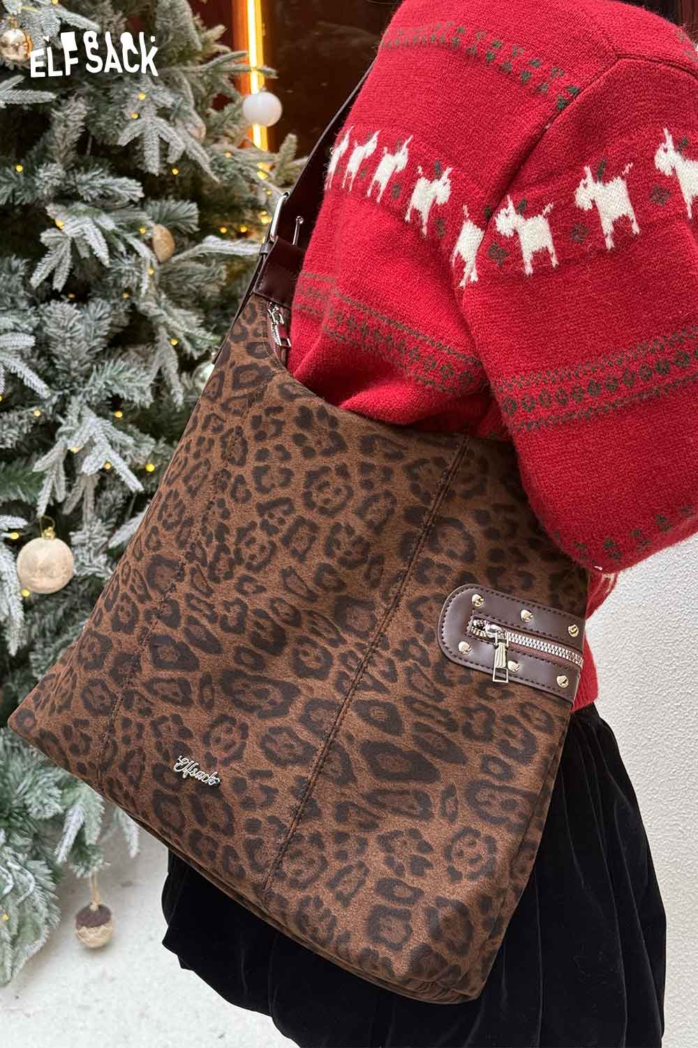 ELFSACK leopard print suede crossbody bag with stylish design for everyday use