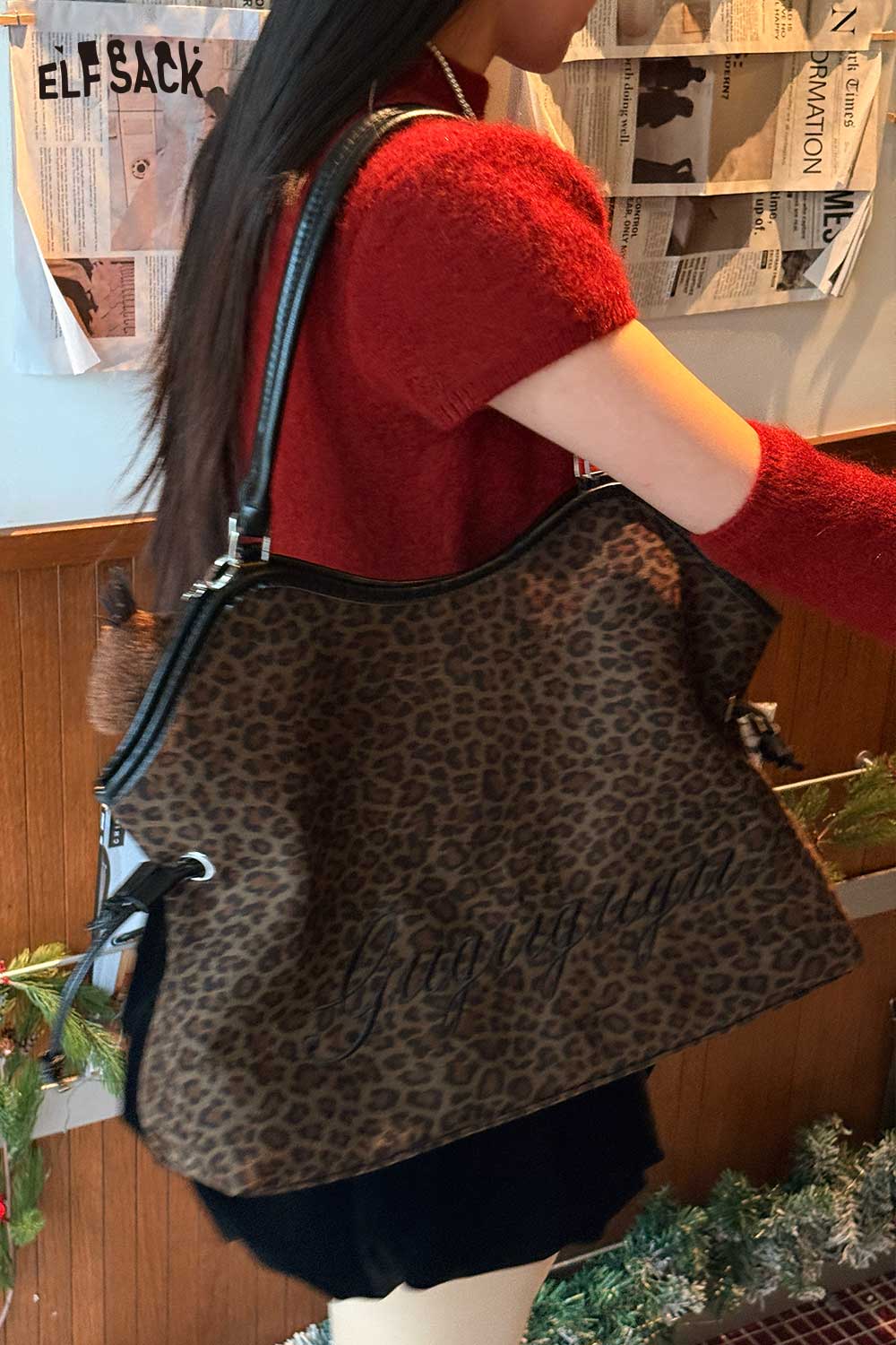ELFSACK leopard print tote bag featuring a stylish design suitable for everyday use
