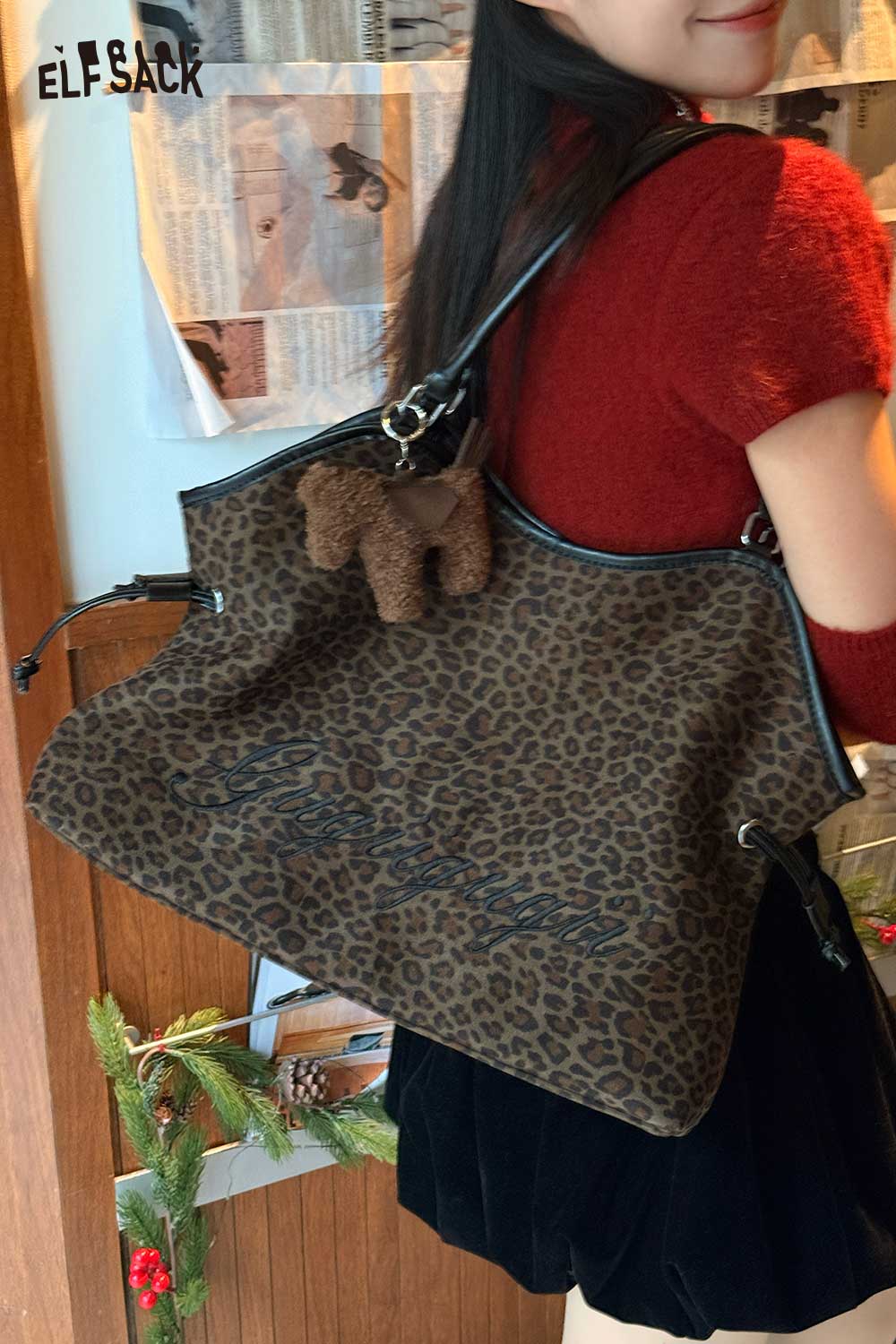 ELFSACK leopard print tote bag featuring a stylish design perfect for everyday use