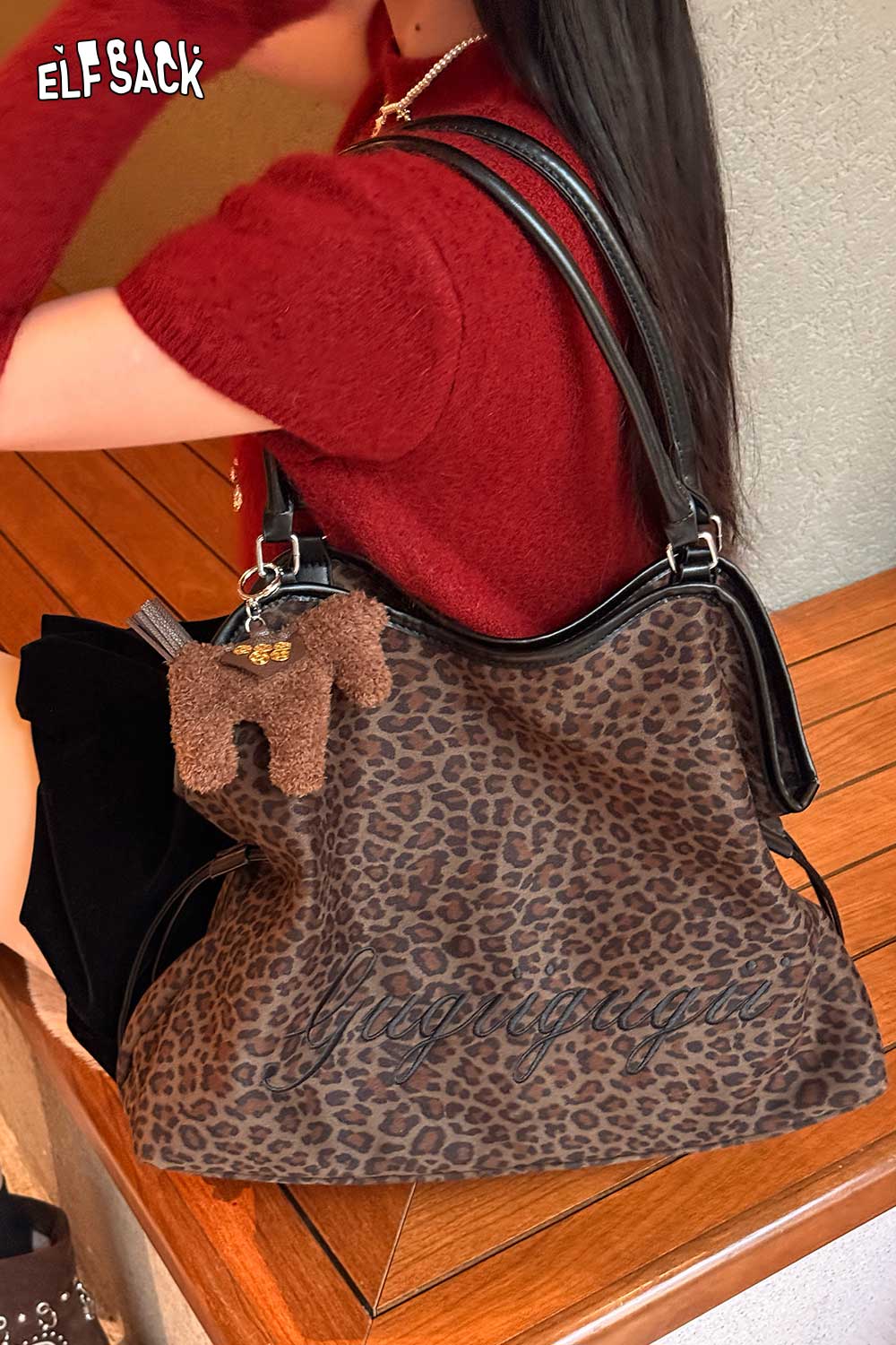 ELFSACK leopard print tote bag with plush charm, perfect for casual outings and everyday use