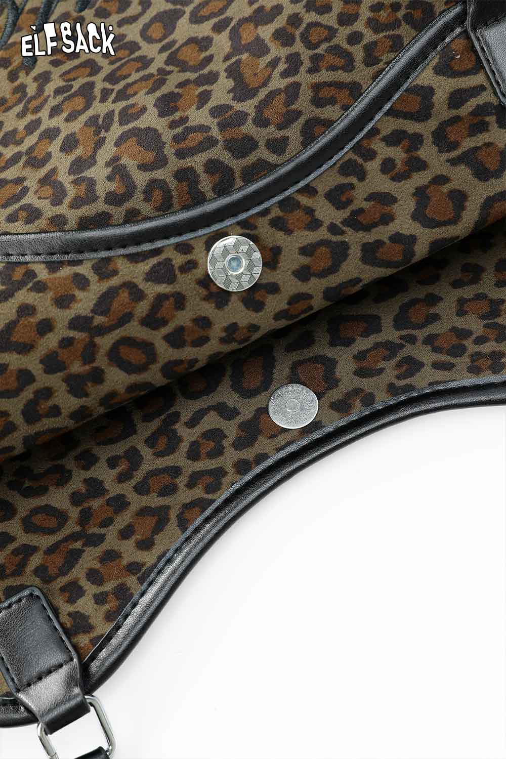 ELFSACK leopard print tote bag featuring a stylish design with durable materials and snap closures