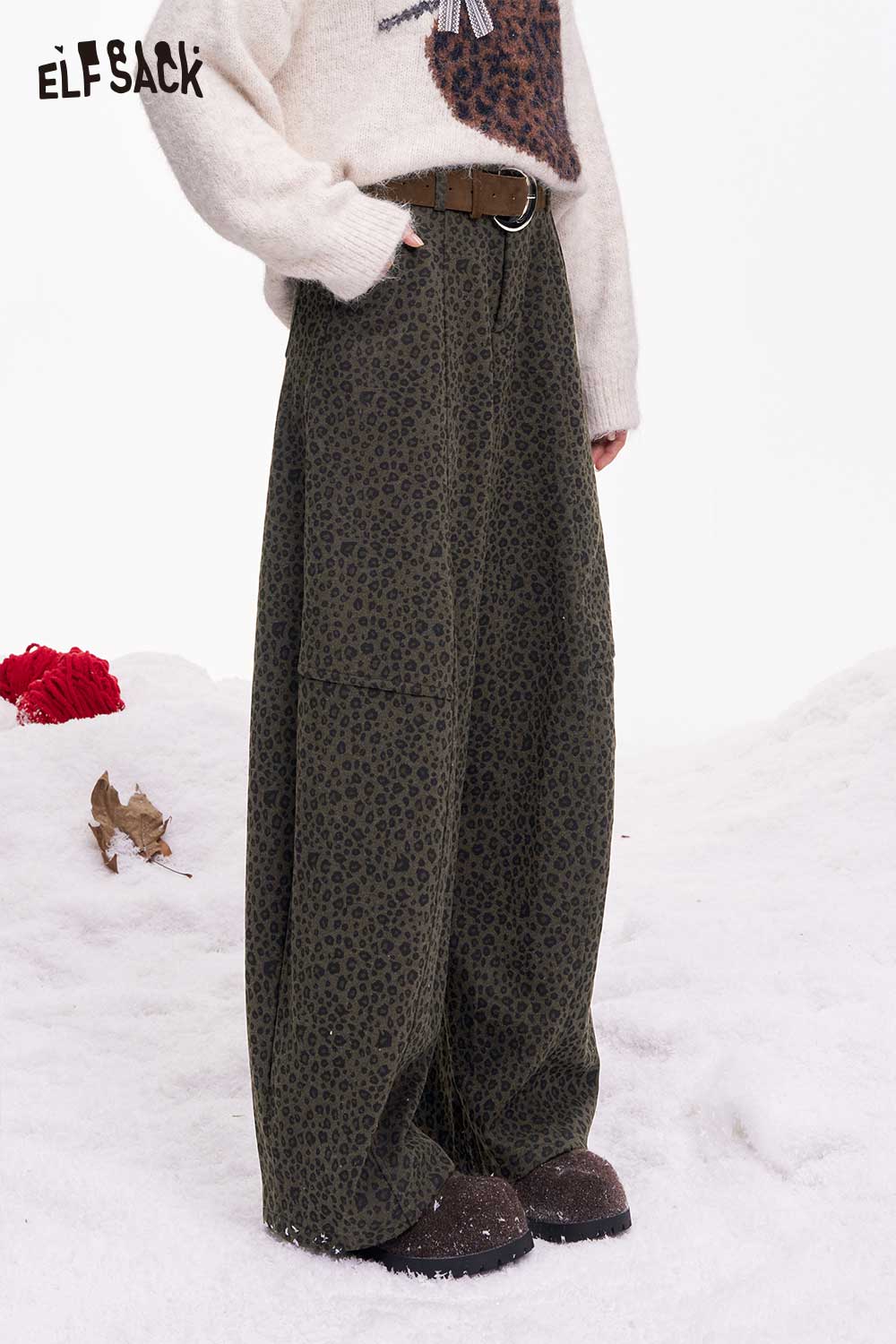 ELFSACK leopard print wide leg pants in olive green, featuring a relaxed fit and stylish belt