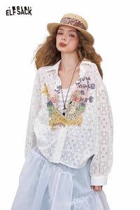ELFSACK Light Loose Printed Openwork Long-Sleeved Shirt