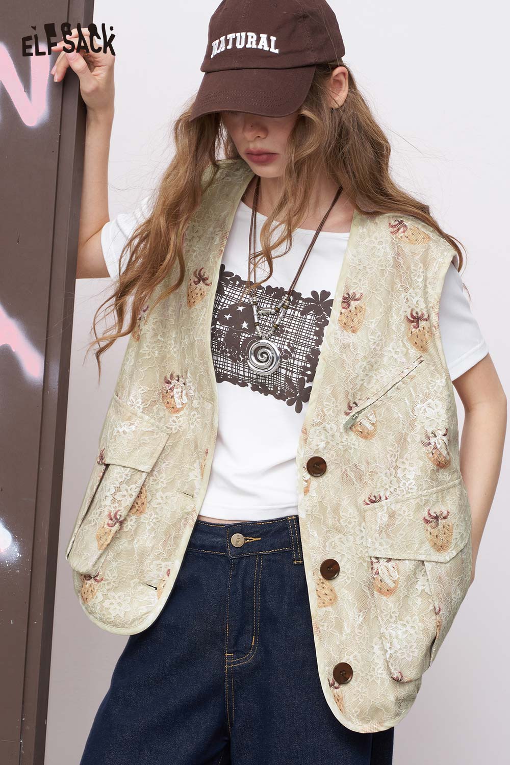 ELFSACK women's graphic lace vest cream floral lace printed vest with front pockets and brown cap styling