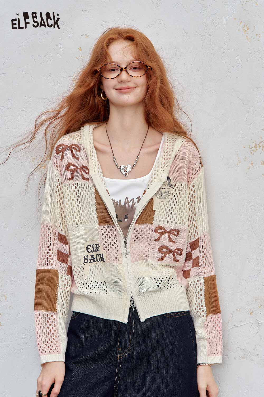 ELFSACK women's openwork knit zip hoodie cream pink patchwork with bow motifs and front zipper
